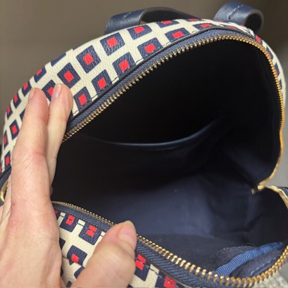 Tory Burch Kerrington Milano Square Backpack Geo Print Navy Red | EUC - Picture 8 of 9